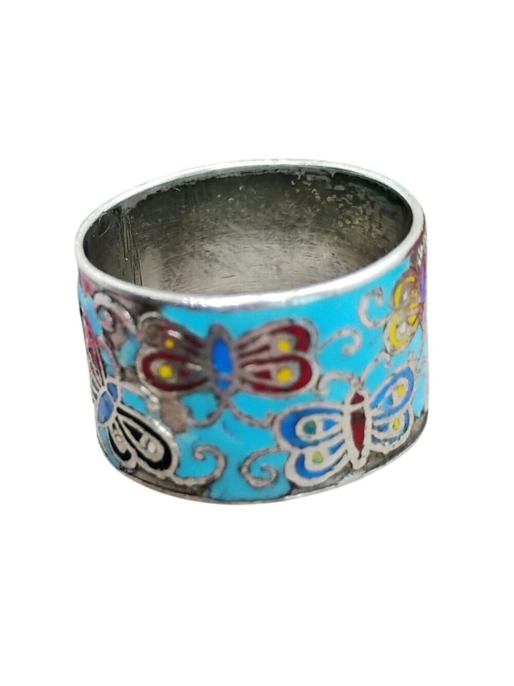 Vtg Butterfly Cloisonne Sterling Silver Wide Band Ring Size 7 Thailand - READ